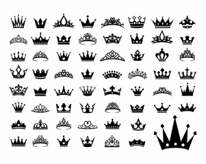 Royal king crown queen princess tiara diadem prince crowns silhouette logo vector illustration set - obrazy, fototapety, plakaty