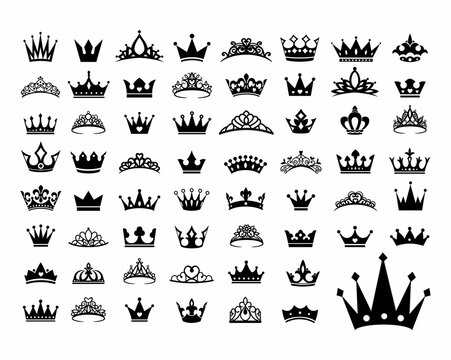 Royal king crown queen princess tiara diadem prince crowns silhouette logo vector illustration set