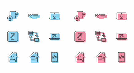 Set line Online working, Video camera Off home, Time management, on mobile, laptop, Mute microphone and Web icon. Vector