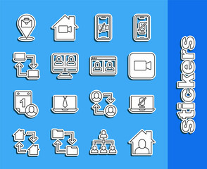 Set line Online working, Mute microphone on laptop, Camera, Video camera Off mobile, chat conference, and icon. Vector