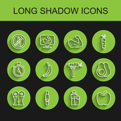 Set line Women waist, Smartwatch, No alcohol, Bottle of water with glass, Apple, Banana, Avocado fruit and Carrot on fork icon. Vector