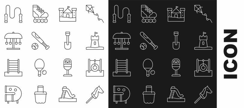 Set line Toy horse, Car tire hanging on rope, Sand tower, castle, Baseball bat with ball, Attraction carousel, Jump and Shovel toy icon. Vector