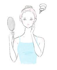 手鏡を見る女性のイラスト