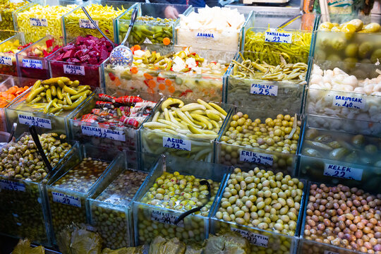 Pickled vegetables marinades at the turkish market in Istanbul, Turkey