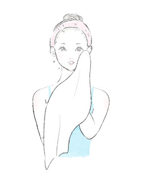 タオルで顔を拭く女性のイラスト	
