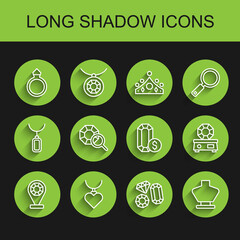 Set line Jewelry store, Necklace with heart shaped pendant, Diamond engagement ring, Gem stone, mannequin, and online shopping icon. Vector