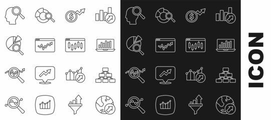 Set line Financial growth, Hierarchy organogram, Laptop with graph chart, dollar, Graph infographic, Search data analysis, people and Browser stocks market icon. Vector
