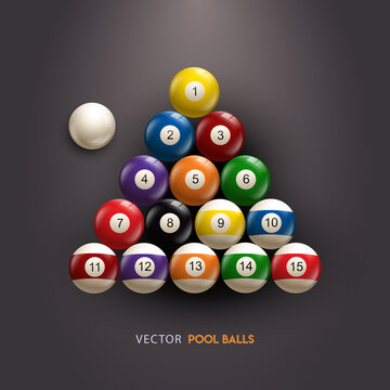 Billiard, pool balls with numbers collection in triangle start position. Realistic glossy snooker ball on black background. Vector illustration