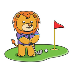 Vector illustration of a cartoon lion playing golf