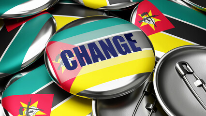 Change in Mozambique - national flag of Mozambique on dozens of pinback buttons symbolizing upcoming Change in this country. ,3d illustration