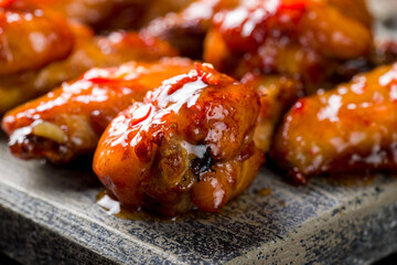 Chicken wings in sweet chili mango sauce extreme macro close up