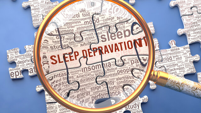 Sleep depravation as a complex topic under close inspection. Complexity shown as puzzle pieces with dozens of ideas and concepts correlated to Sleep depravation,3d illustration