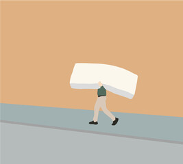 Obraz premium Mover Man carrying the mattress on street while moving the house. Moving house service concept. Relocation. 