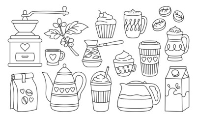 Coffee cup drink, beans and cezve pot linear set. Breakfast cappuccino espresso mug, cupcake and kettle, latte glace cups to go. Rustic arabica grinder. Doodle vector cafe coffeehouse menu
