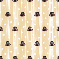 Brown  cups and saucers with white stripes and dots on cream colored background. Watercolor seamless pattern. For textile, wallpaper, gift wrap, card, menu, invitation, stationery and packaging design