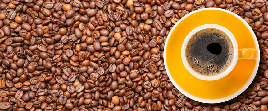 Cup of hot coffee on roasted beans. Banner for design © Pixel-Shot