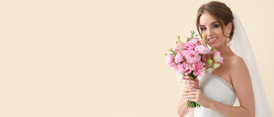 Portrait of beautiful young bride with wedding bouquet on light background. Banner for design