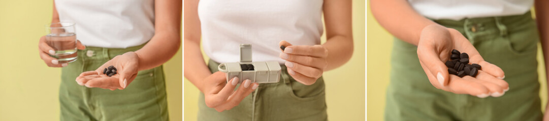 Set of woman with activated carbon pills, closeup