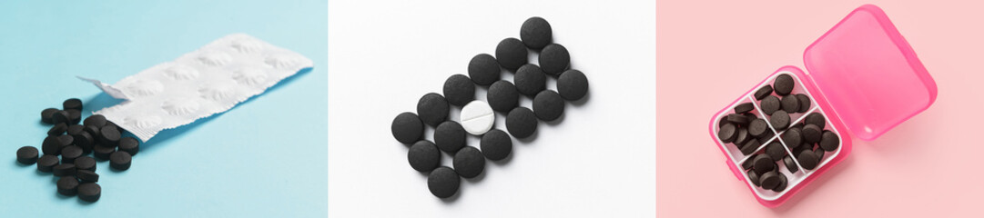 Set of activated carbon pills on colorful background