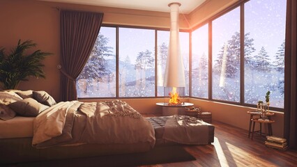 A hotel room with a bed and a large window with winter background 3d illustration
