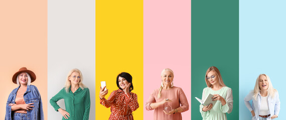 Group of stylish mature women on color background with space for text. Concept of ageing and...