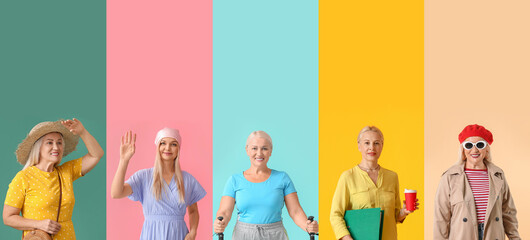 Group of stylish mature women on color background with space for text. Concept of ageing and menopause