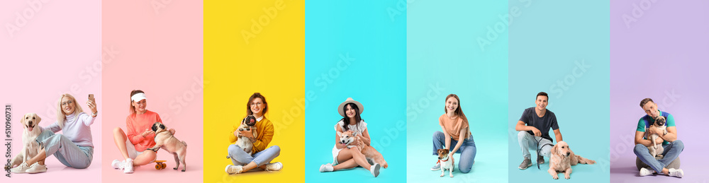 Wall mural set of people with cute dogs on colorful background. friendship day - Wall murals