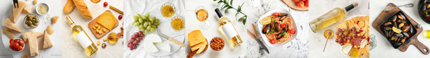 Set of delicious white wine with tasty food on light background, top view