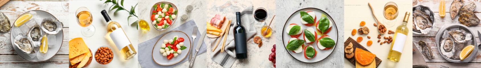 Set of delicious wine with tasty food on light background, top view