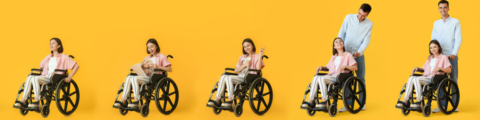 Set of young woman in wheelchair and her husband on yellow background