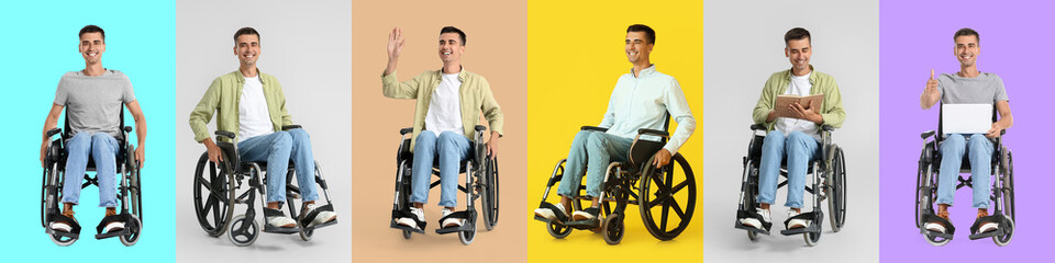 Set of happy young man in wheelchair on colorful background