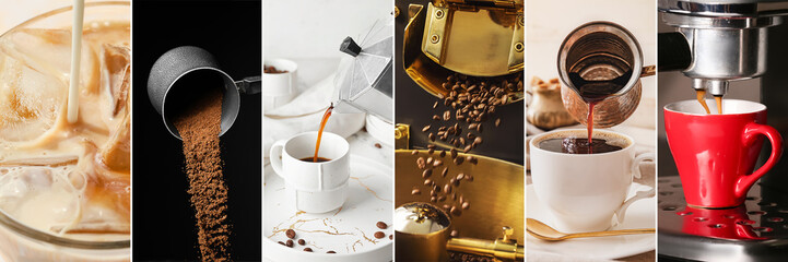 Collage with tasty coffee, beans and powder