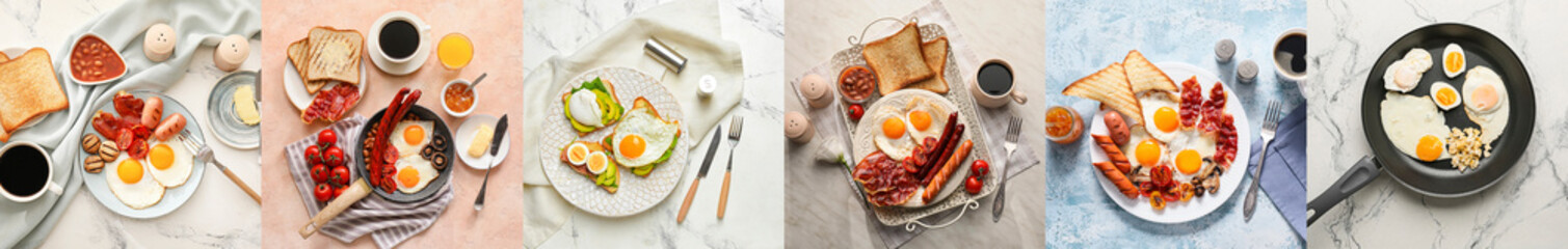 Set of nutrient breakfasts with eggs, top view