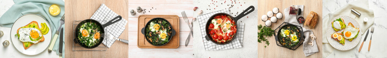 Set of nutrient breakfasts with eggs, top view