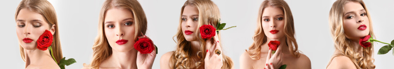 Fototapeta na wymiar Set of beautiful young woman with bright makeup and red rose on light background