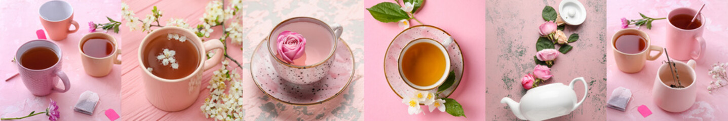Collage of cups with tasty aromatic tea on pink background