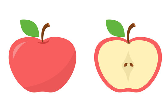 Cute, simple and cartoony vector red sliced apple clip art illustration isolated on white background