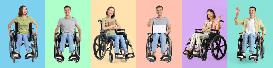 Set of happy young people in wheelchair on colorful background