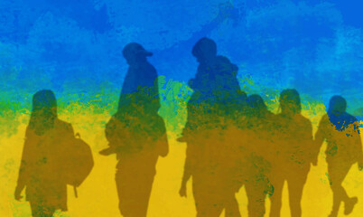 Double exposure of Ukrainian flag and silhouettes of refugees - obrazy, fototapety, plakaty
