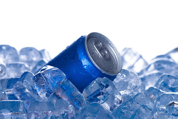 Blue aluminum beer soda water Tin Can with ice cubes. Blank metallic can for drink juice.