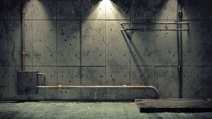 Old dirty cellar flooded from a pipe break. 3d rendering