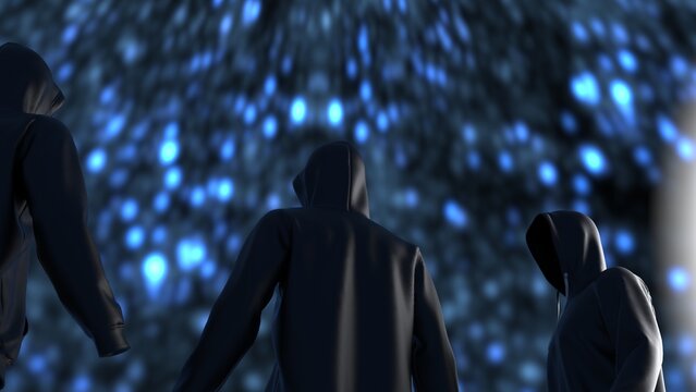 Three anonymous hackers with black color hoodie in shadow under outer space background. Dangerous criminal concept image. 3D CG. 3D illustration. 3D high quality rendering.
