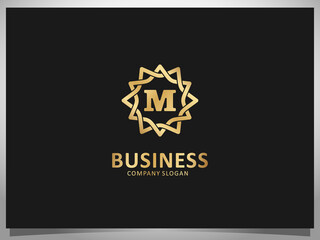 Golden Logotype Letter M Isolated Geometric Floral Frame