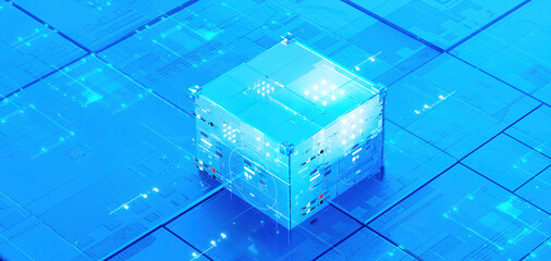 3D rendering of cyberpunk AI. Circuit board. Technology background. Central Computer Processors CPU and GPU concept. Motherboard digital chip. Tech science background.