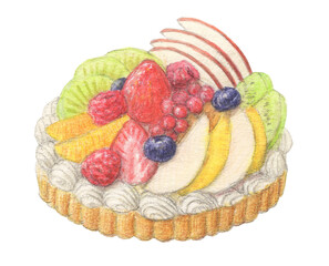 ホールのフルーツタルト　水彩色鉛筆ケーキイラスト