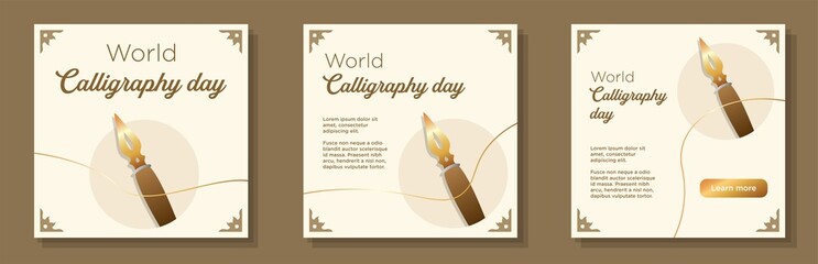 World calligraphy day social media post, banner set, writing pencil celebration advertisement concept, classic art pen style marketing square ad, abstract print, isolated on background - obrazy, fototapety, plakaty