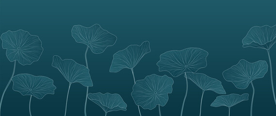 Fototapeta Luxury dark blue art background with lotus leaves in line style. Botanical banner in oriental style for wallpaper design, print, decor, interior design obraz