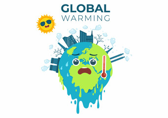 Global Warming Cartoon Style Illustration with Planet Earth in a Melting or Burning State and Image Sun to Prevent Damage to Nature and Climate Change