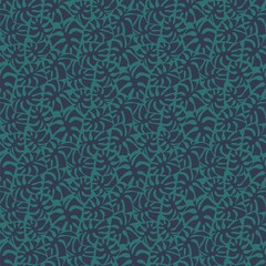 Hand-drawn monstera leaves blue and green seamless pattern vector. Tropical night cartoon endless texture. Floral surface design with blue exotic plant leaves on green background