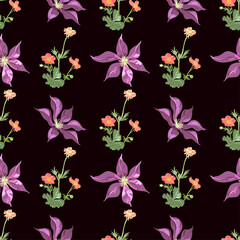 Vector floral pattern on black background clematis flowers large violet and small red anemone flowers for fabric design